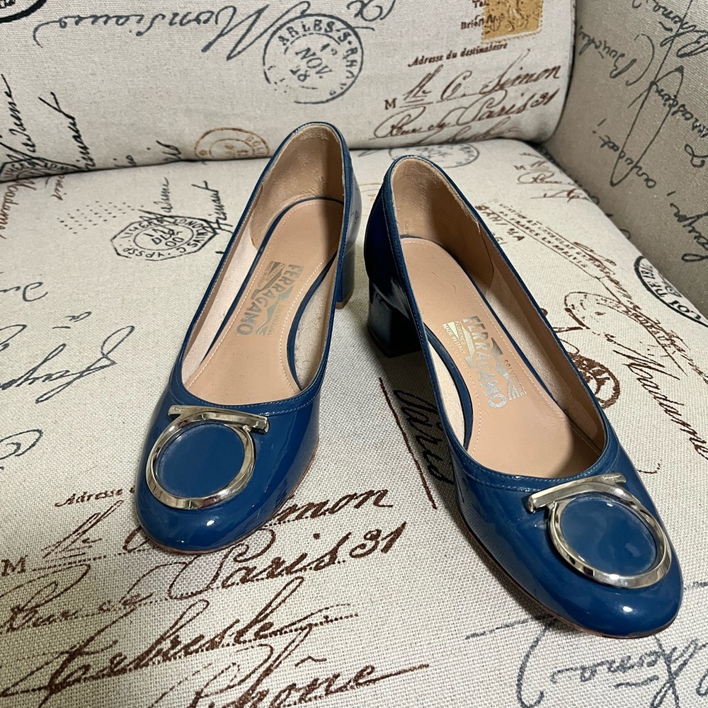 FERRAGAMO Blue/Teal Kitten stacked heel - Silver Gancini Toe